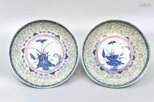 Pair Chinese Blue and Famille Rose Plates,19th C.