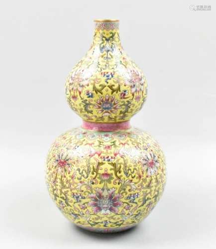 Chinese Yellow Ground Famille Rose Gourd Vase