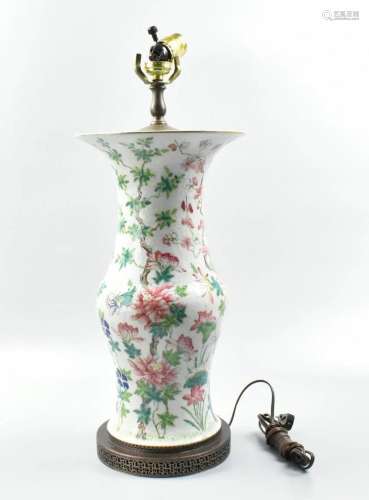 Chinese Famille Rose Lamp Vase w/ Flower,19th C.