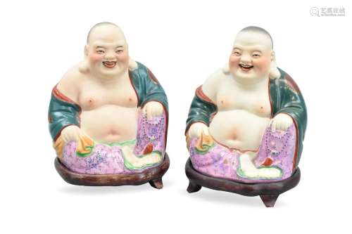 Pair of Chinese Famille Rose Laughing Buddha &Base