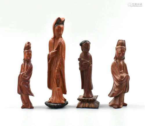 4 Chinese Wood Carved Lady Figure, Qing Dynasty