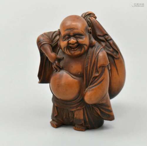 Japanese Nestuke Carved Wood Happy Buddha