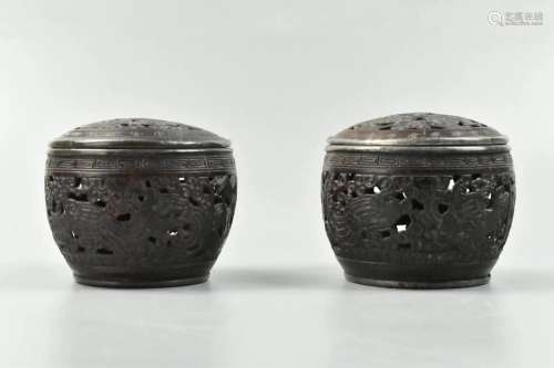 2 Chinese Coconut Shell Scholar Container,Qing D.