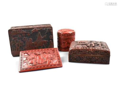 4 Chinese Cinnabar Carved Cover Box & Panel,ROC P