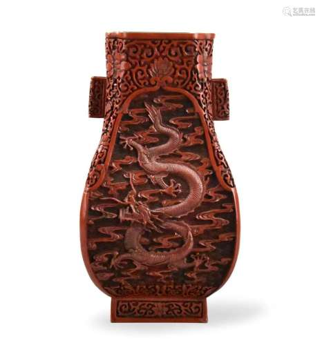 Chinese Cinnabar Carved Vase w/Dragon,20th C.