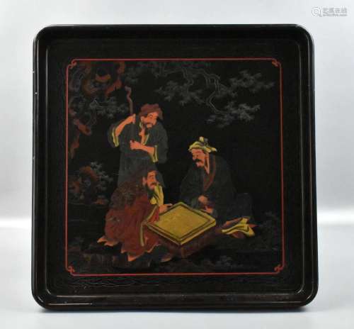 Chinese Lacquer Wood Tray with Figures,Qing Dynast