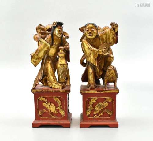 Pair Of Chinese Gilt Lacuqered Wood Figures,Qing D