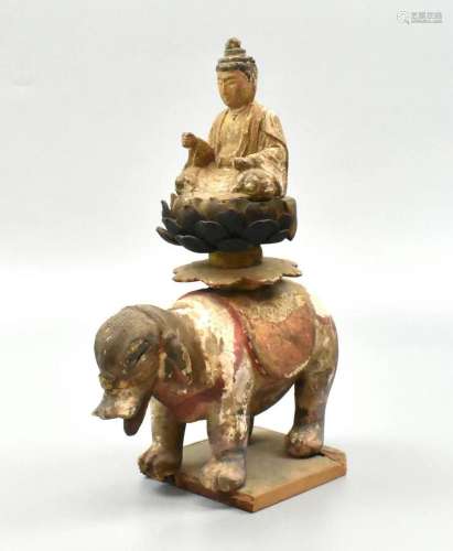 Chinese Lacquered Wood Buddha On Elephant,Qing D.