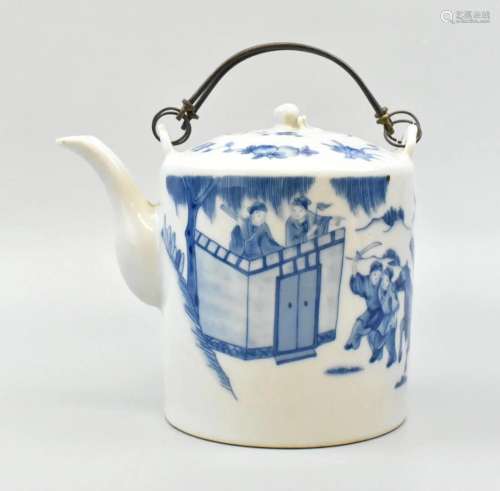 Chinese Blue & White Covered Teapot w/ Figure