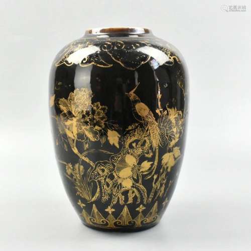 Chinese Gilt Black Glazed Jar w/ Bird,19th C.