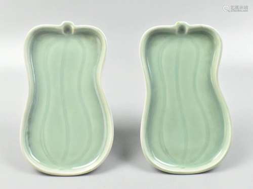 Pair of Celadon Melon Shaped Dishes,20th C .