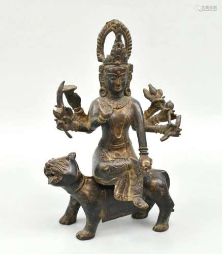 Burmese Bronze Buddha Figure on Beast, 19th C.