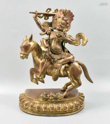 Tibet Nepal Gilt Bronze Guardian Figure,18th C.