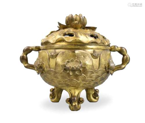 Chinese Bronze Cast Tripod Incense Burner w/ Lotus