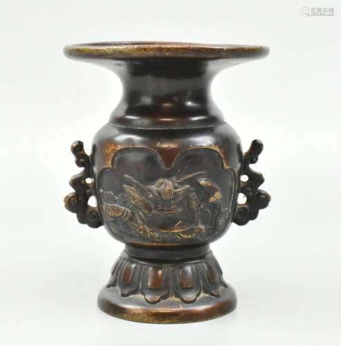 Chinese Bronze Cast Vase w/ Mandrin Ducks, Qing D.
