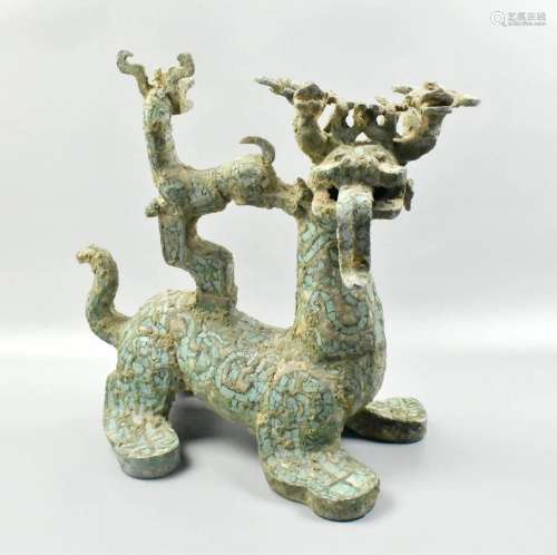 Chinese Bronze Beast w/ Stone Inlay