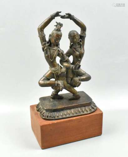 Indian Bronze Dancer Figure on Wood Stand, 19th C.