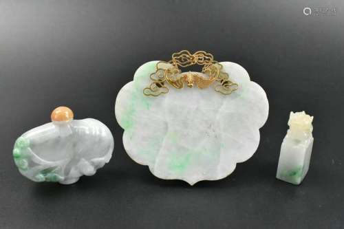 3 Chinese Jadeite Carved Seal,Snuff Bottle&Pendant