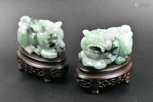 Pair of Chinese Jadeite Carved Foo Dog on Stand