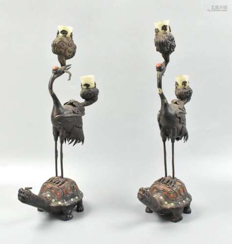 Pair Mongolia Silver Crane Candle Holder w/ Jade