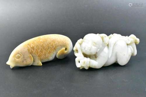 2 Chinese Jade Carved Boy & Fish
