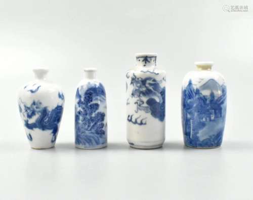 4 Chinese Blue & White Snuff Bottle,Qing Dynasty
