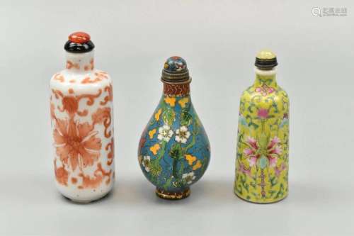3 Chinese Snuff Bottle,Porcelain &Cloisonne,Qing D