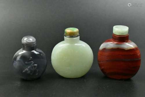 3 Chinese Snuff Bottle, Jade & Agate