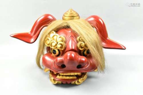 Japanese Lacquered Wood Mask of Foo Lion