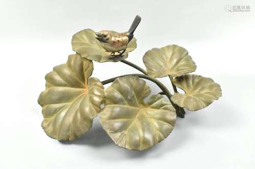 Japanese Metal Sculpture Bird On Lotus Leaf