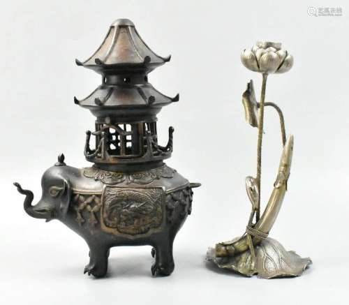 2 Japanese Bronze Censer & Brass Candle Stick