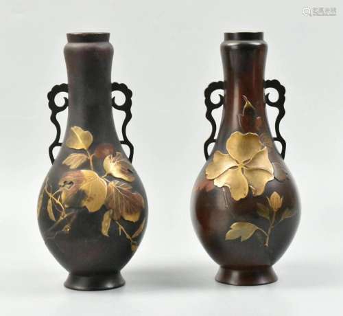 2 Japanese Mix Metal Bronze Vase w/Lacquer,Meiji P