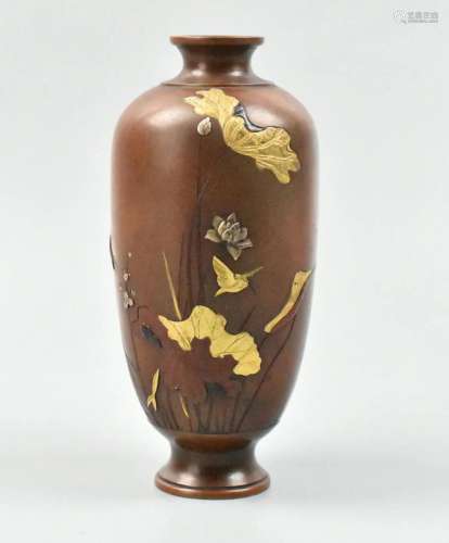 Japanese Mixed Metal Vase w/ Birds,Meiji Period
