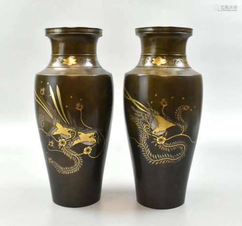 Pair Japanese Mixed Metal Vase w/ Phoenix, Meiji P