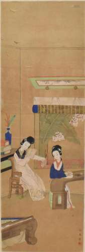 Chinese Silk Painting of Beauties,Late Qing D.