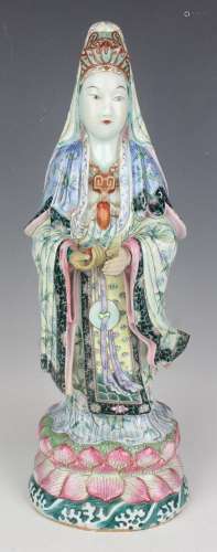 A Chinese famille rose enamelled porcelain figure of Guanyin
