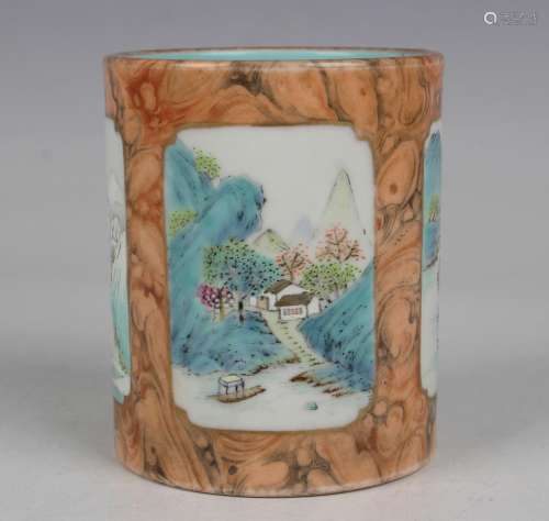 A Chinese faux bois porcelain brushpot