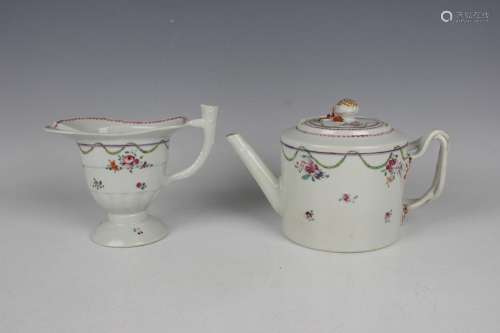 A Chinese famille rose export porcelain teapot and milk jug