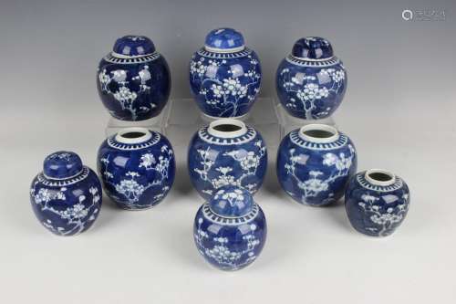 A collection of nine Chinese blue and white porcelain ginger...