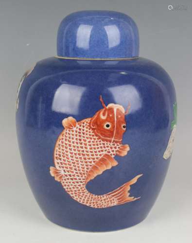 A Chinese famille verte blue ground porcelain ginger jar and...