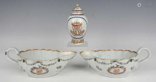 A pair of Chinese famille rose armorial export porcelain sau...