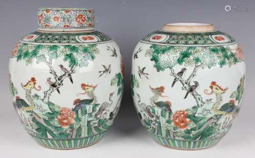 A pair of Chinese famille verte porcelain ginger jars and a ...