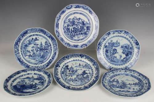 A group of six Chinese blue and white export porcelain octag...