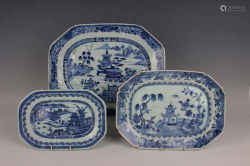 A group of three Chinese blue and white export porcelain mea...