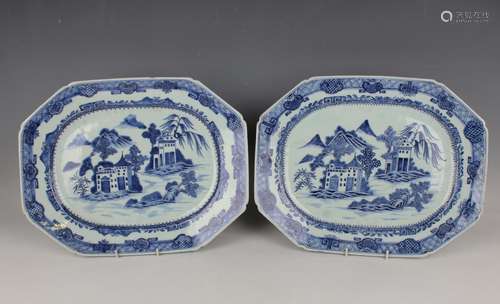 A pair of Chinese blue and white export porcelain meat dishe...