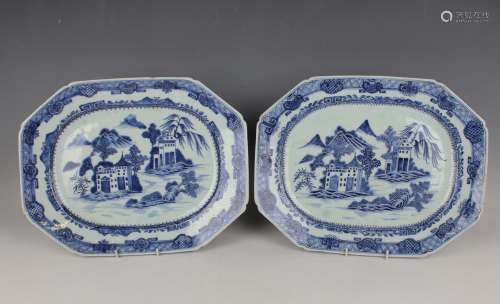 A pair of Chinese blue and white export porcelain meat dishe...