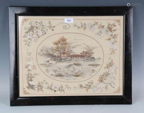 A Chinese cream silk embroidered rectangular panel