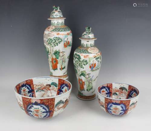 A pair of Chinese Canton famille verte porcelain vases and c...