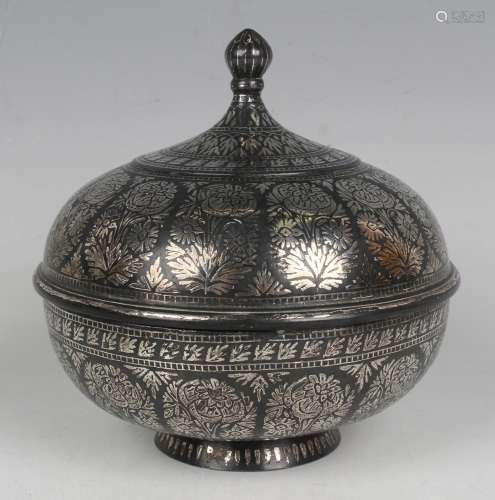 An Indian Bidri ware circular bowl and domed cover