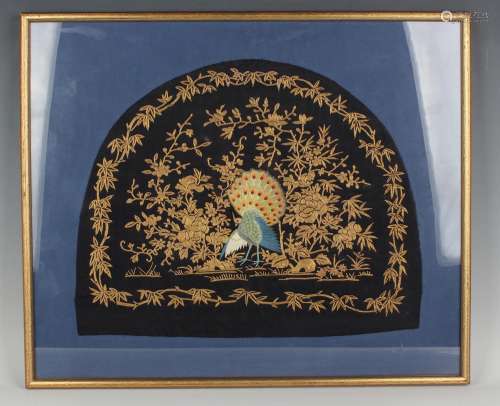 Two Chinese silk embroidered arched panels